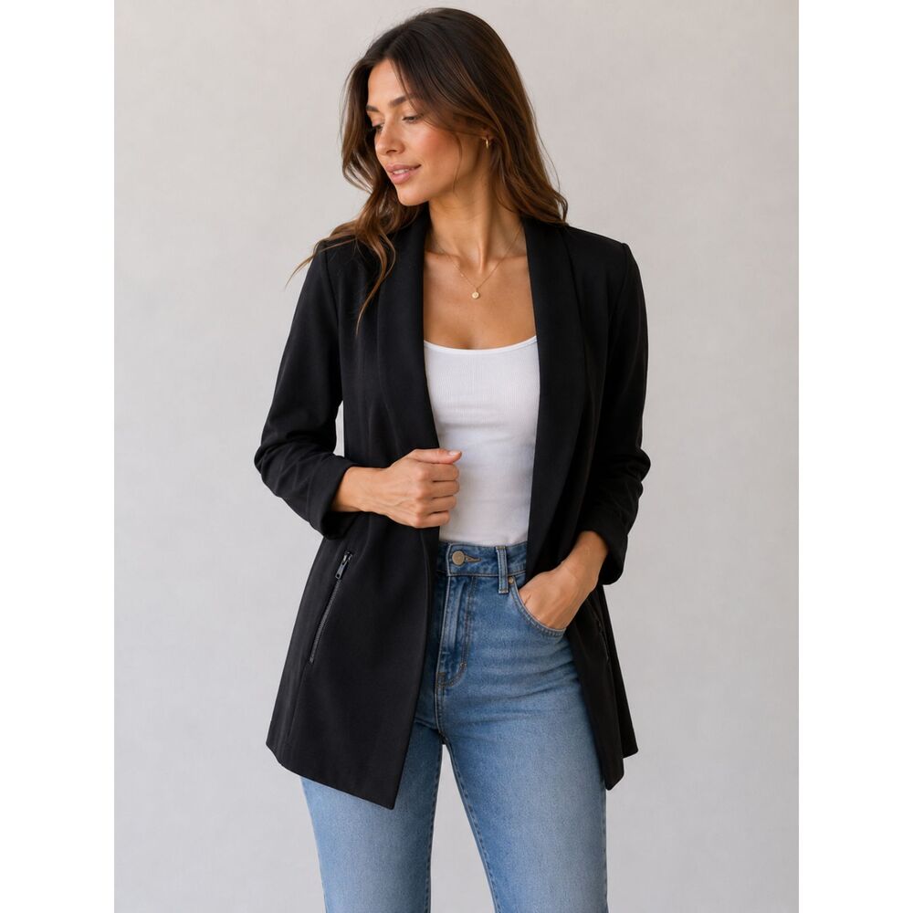 Bella Colori Black Open Front Blazer Cardigan Minimalist Office Chic Small